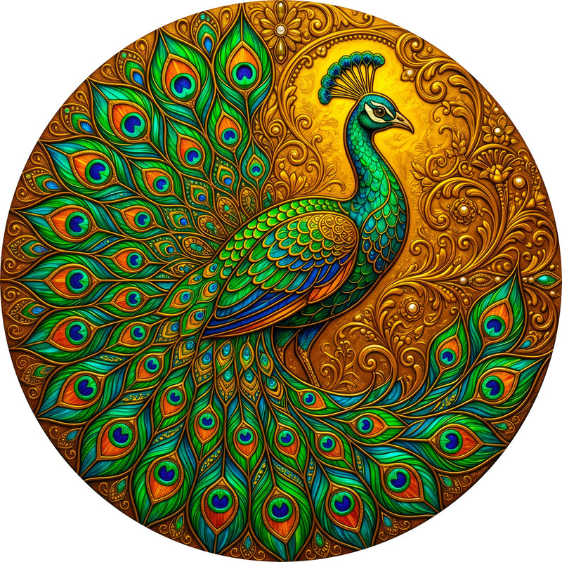 Emerald Peacock Round Glass Wall Art