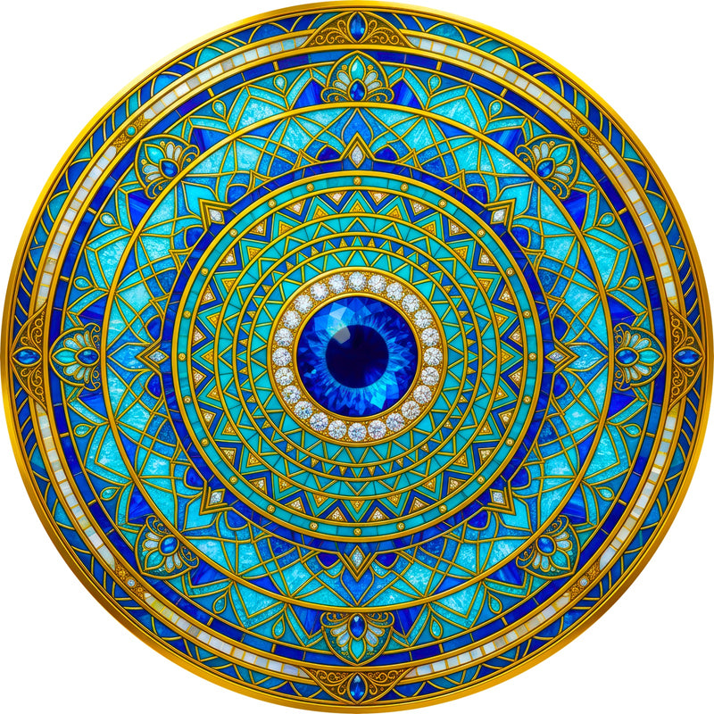 Turquoise Evil Eye Mandala Round Glass Wall Art