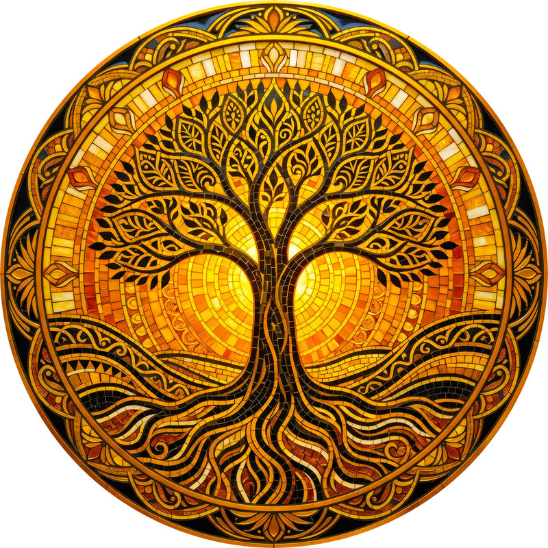 Sunlit Tree Of Life Round Glass Wall Art