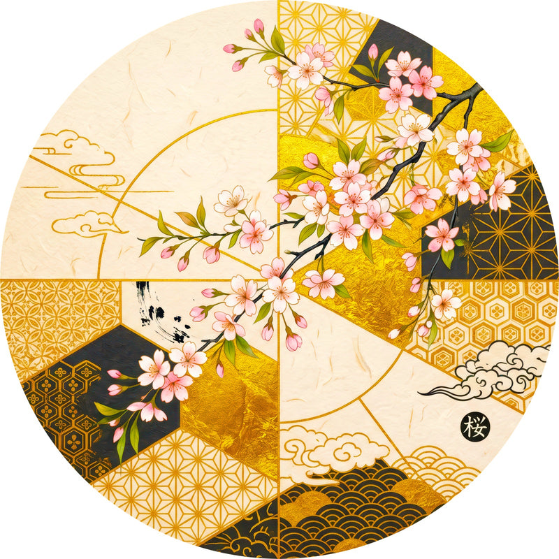 Golden Sakura Round Glass Wall Art