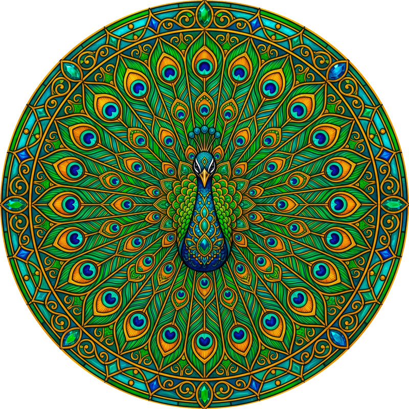 Emerald Peacock Mandala Round Glass Wall Art