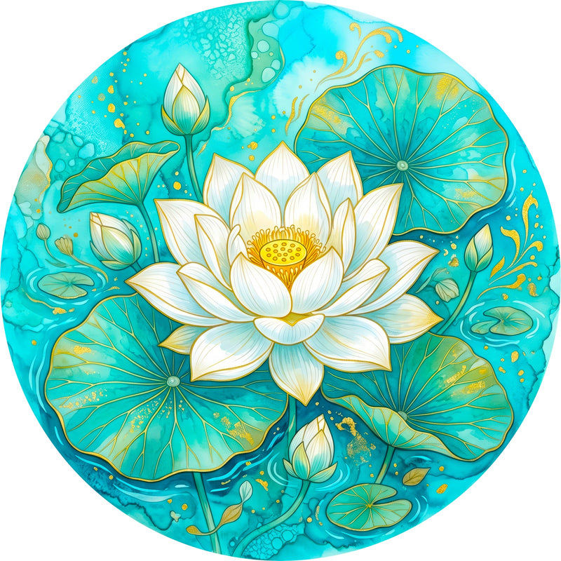 Turquoise Lotus Round Glass Wall Art