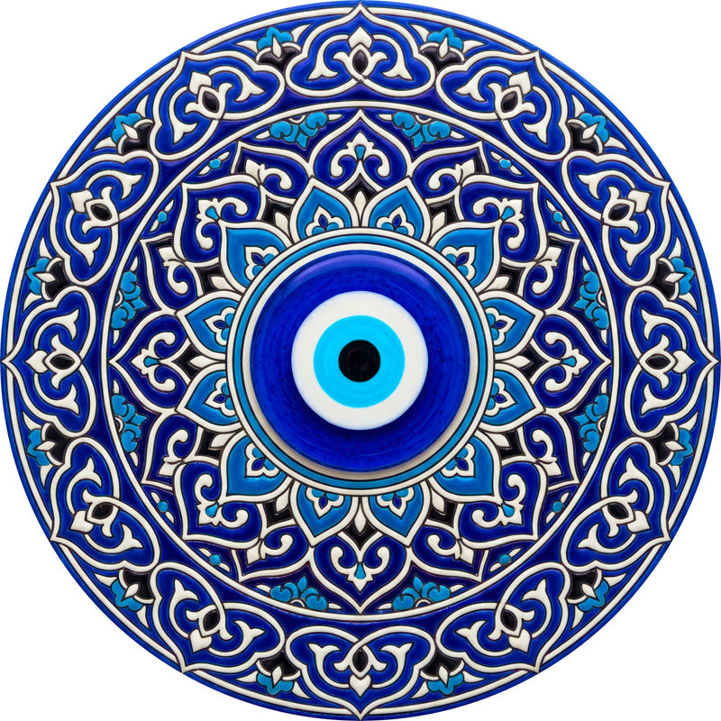 Blue Evil Eye Mandala Round Glass Wall Art