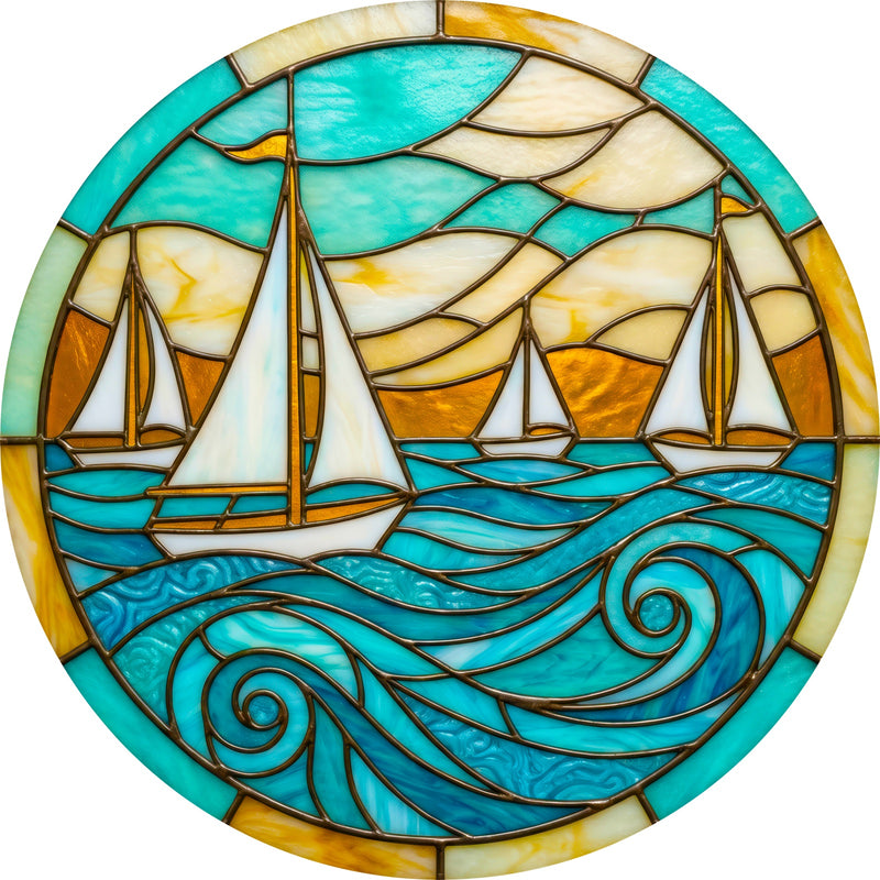 Turquoise Sailing Regatta Round Glass Wall Art