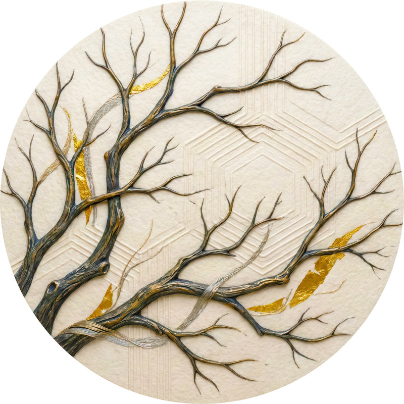 Golden Branches Round Glass Wall Art