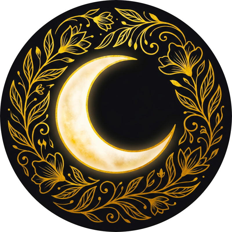 Golden Crescent Bloom Round Glass Wall Art