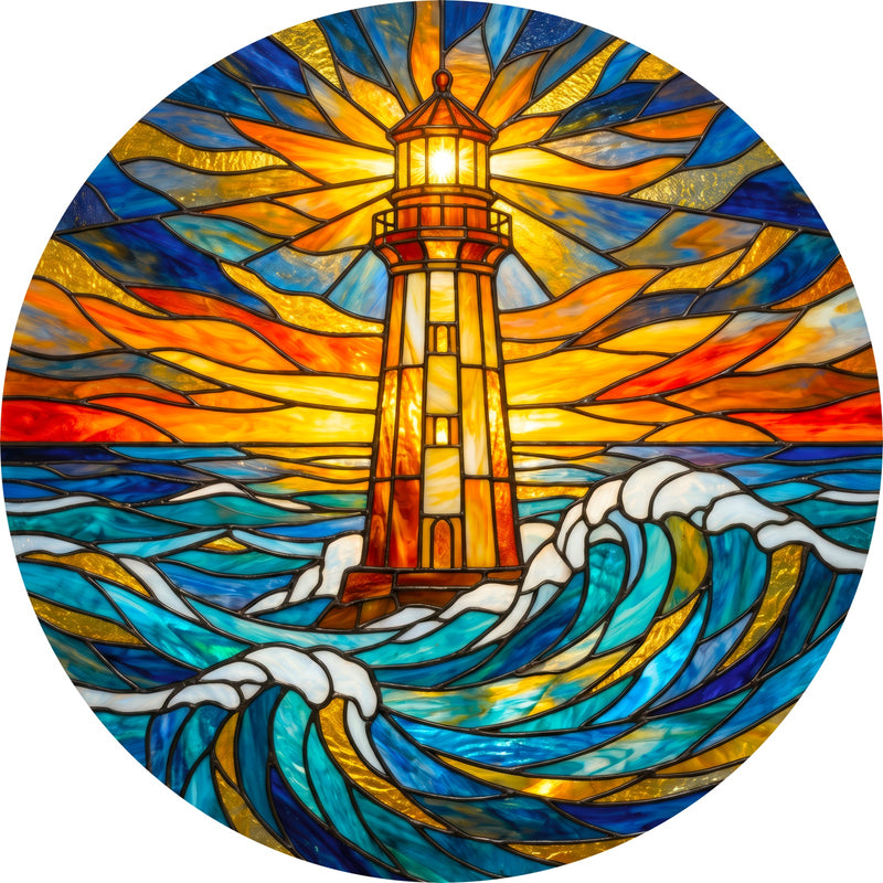 Beacon Through The Waves Round Glass Wall Art