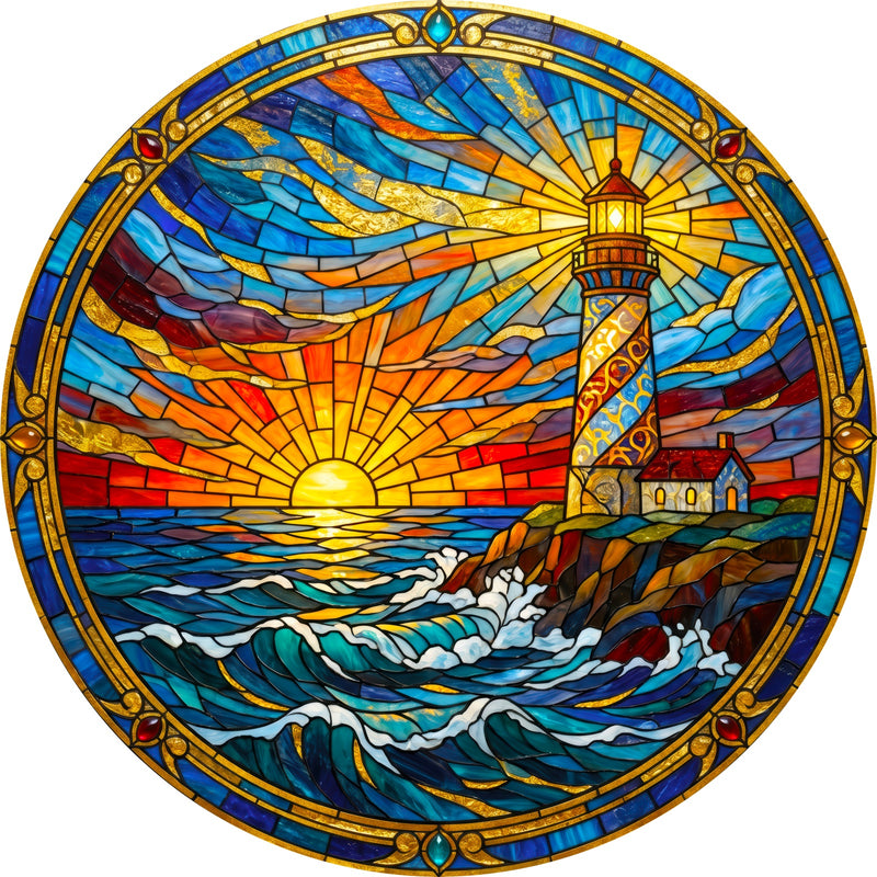 Sunset Lighthouse II Round Glass Wall Art