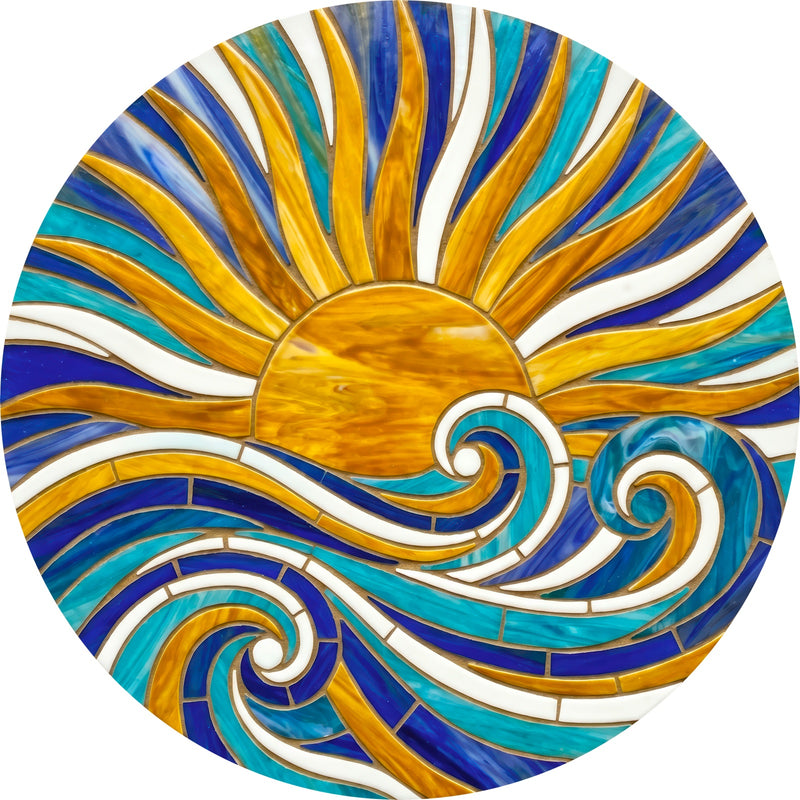 Golden Sun And Waves Round Glass Wall Art