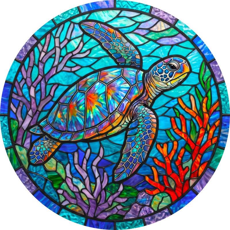 Rainbow Sea Turtle Round Glass Wall Art