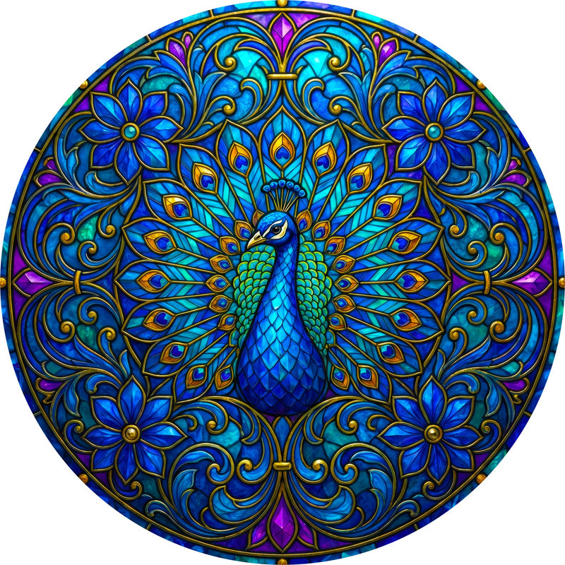 Royal Blue Peacock Round Glass Wall Art