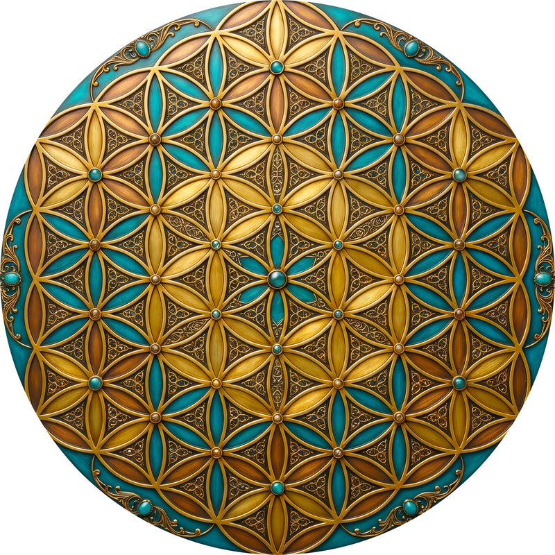 Turquoise Golden Lattice Round Glass Wall Art