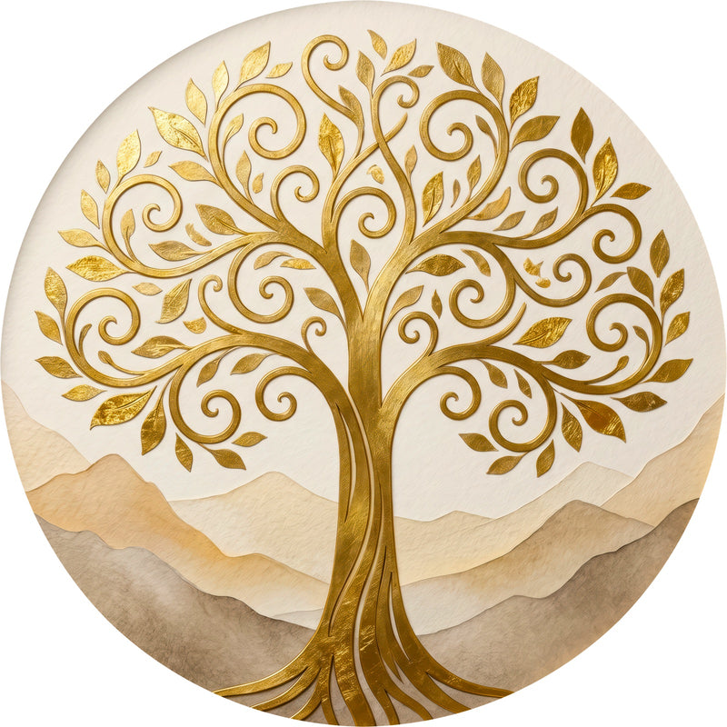 Golden Tree Of Serenity Round Glass Wall Art