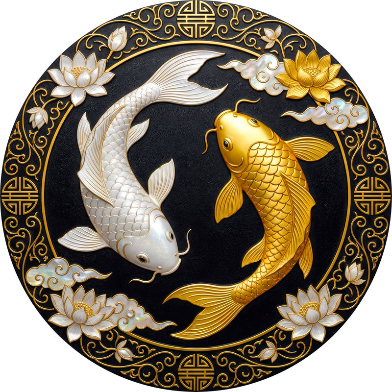 Golden Koi Harmony Round Glass Wall Art