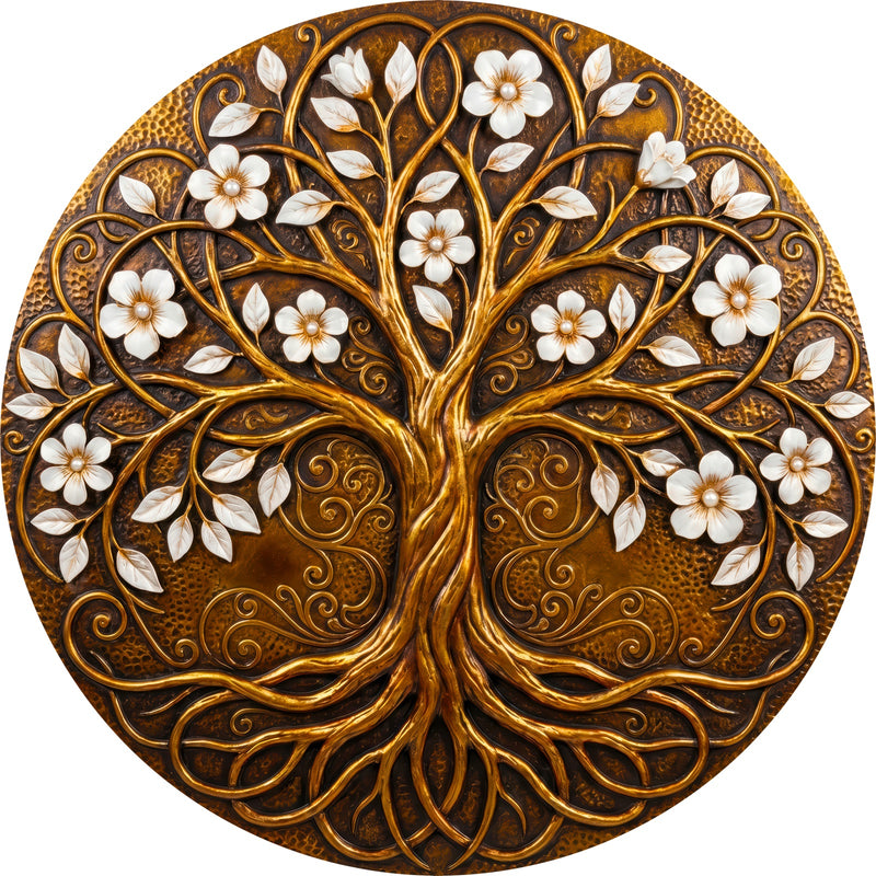 Golden Blossom Tree Round Glass Wall Art