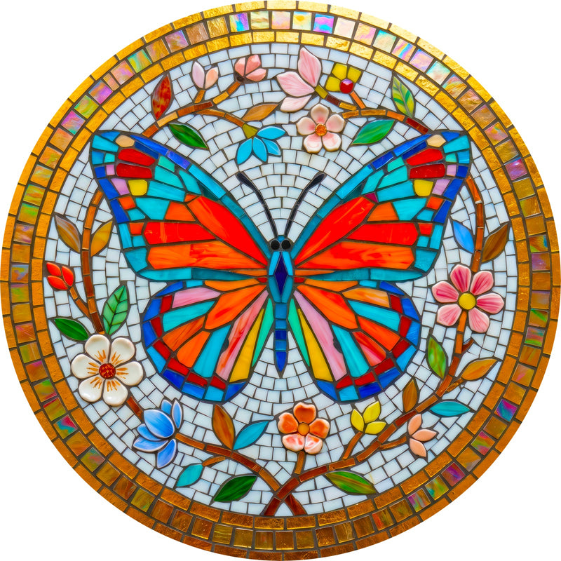 Mosaic Butterfly Garden Round Glass Wall Art