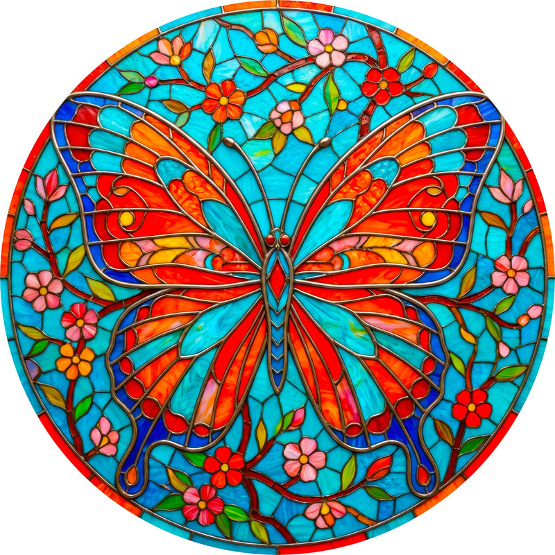 Turquoise Butterfly Garden Round Glass Wall Art