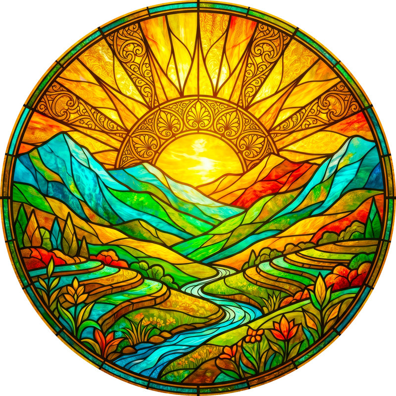 Radiant Valley Sunrise Round Glass Wall Art