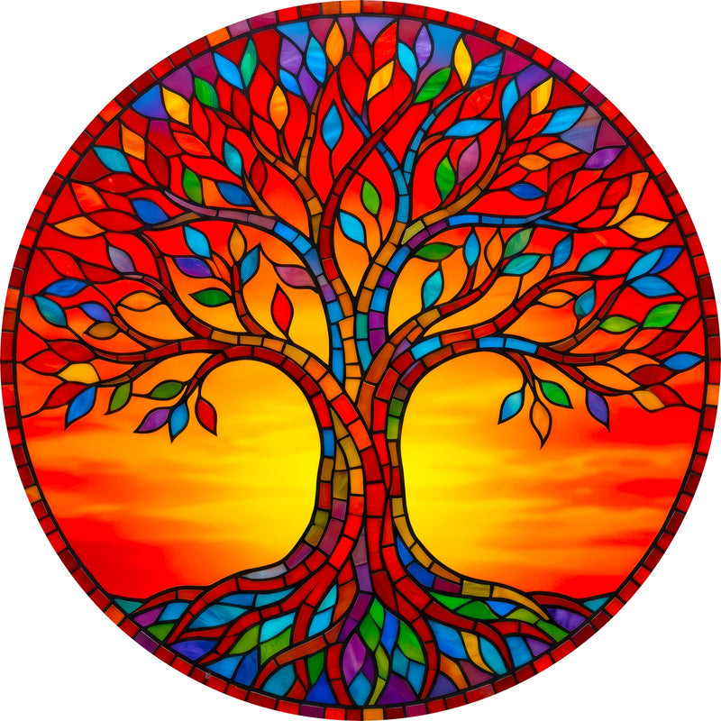 Sunset Tree Of Life Round Glass Wall Art