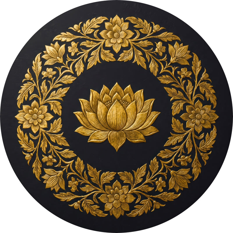 Golden Lotus Wreath Round Glass Wall Art