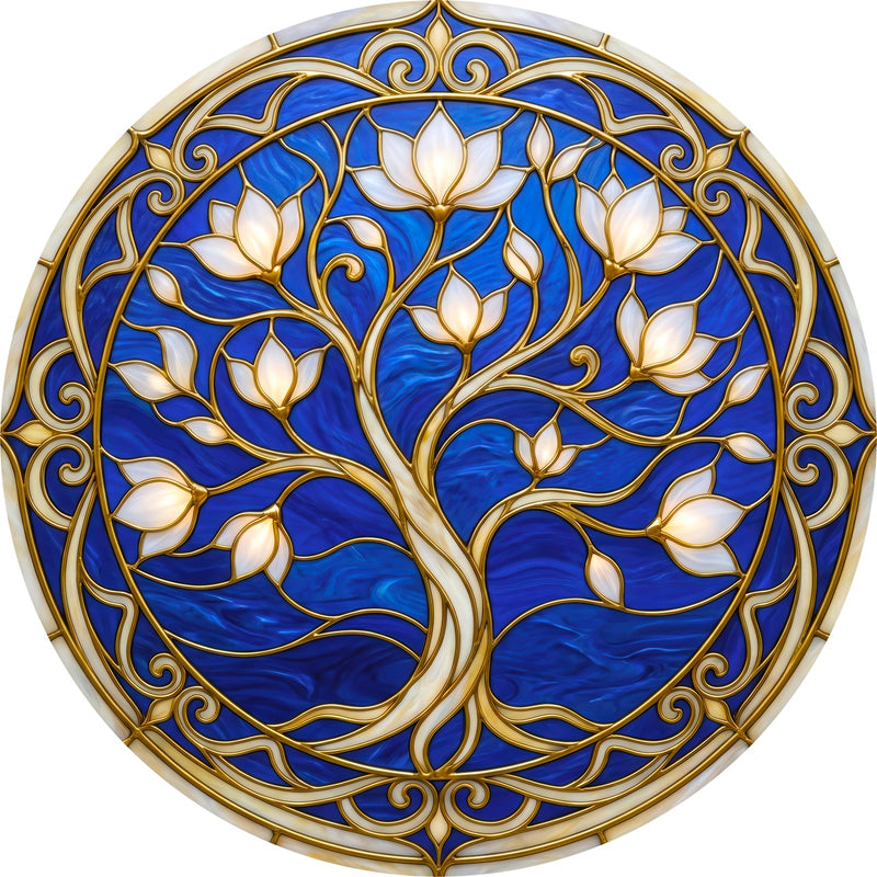 Sapphire Blossom Tree Round Glass Wall Art