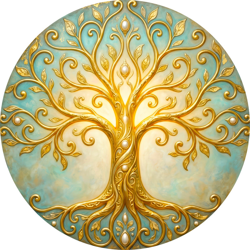 Golden Tree Of Life V Round Glass Wall Art