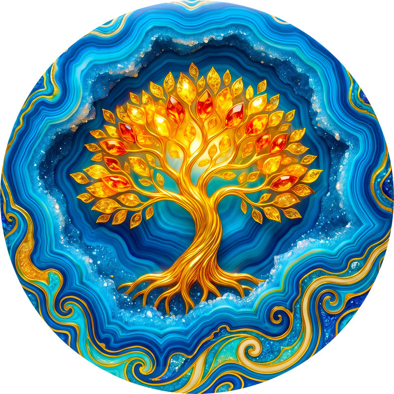 Sapphire Tree Of Life II Round Glass Wall Art