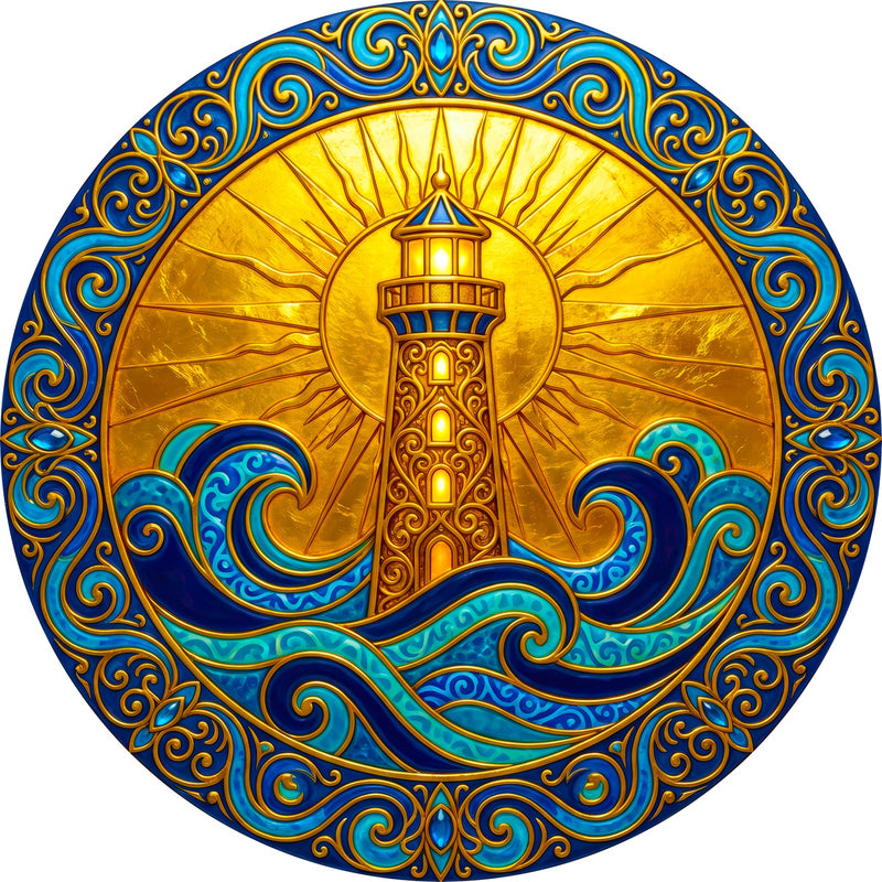 Golden Beacon Round Glass Wall Art