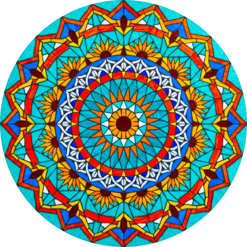 Turquoise Sun Mandala II Round Glass Wall Art