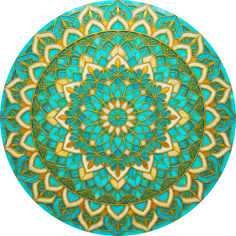 Turquoise Lotus Mandala Round Glass Wall Art