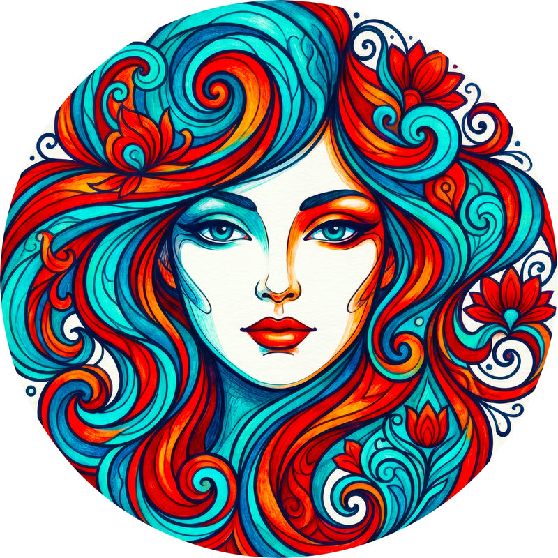 Flame-Haired Muse Round Glass Wall Art