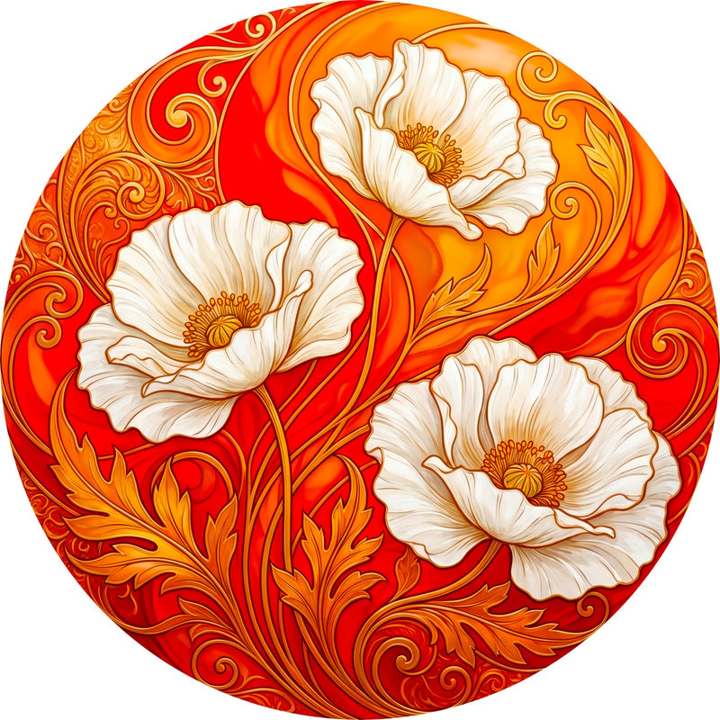 Ivory Poppies Round Glass Wall Art