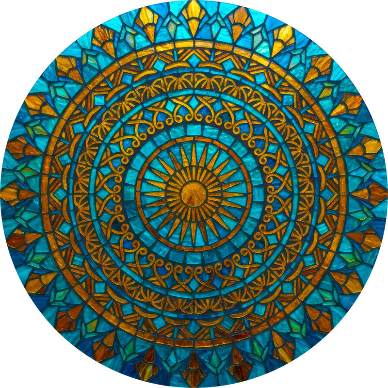 Turquoise Mosaic Mandala V Round Glass Wall Art
