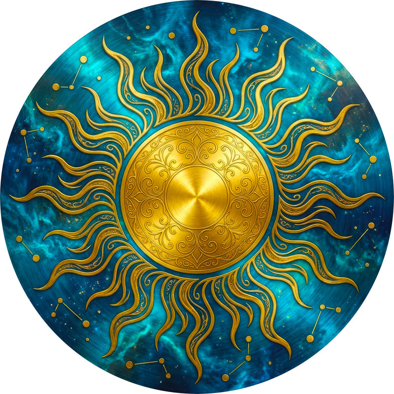Celestial Golden Sun Round Glass Wall Art