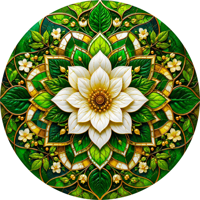 White Blossom Mandala Round Glass Wall Art