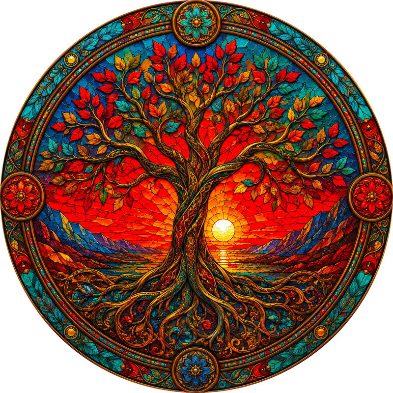 Sunset Tree Of Life II Round Glass Wall Art