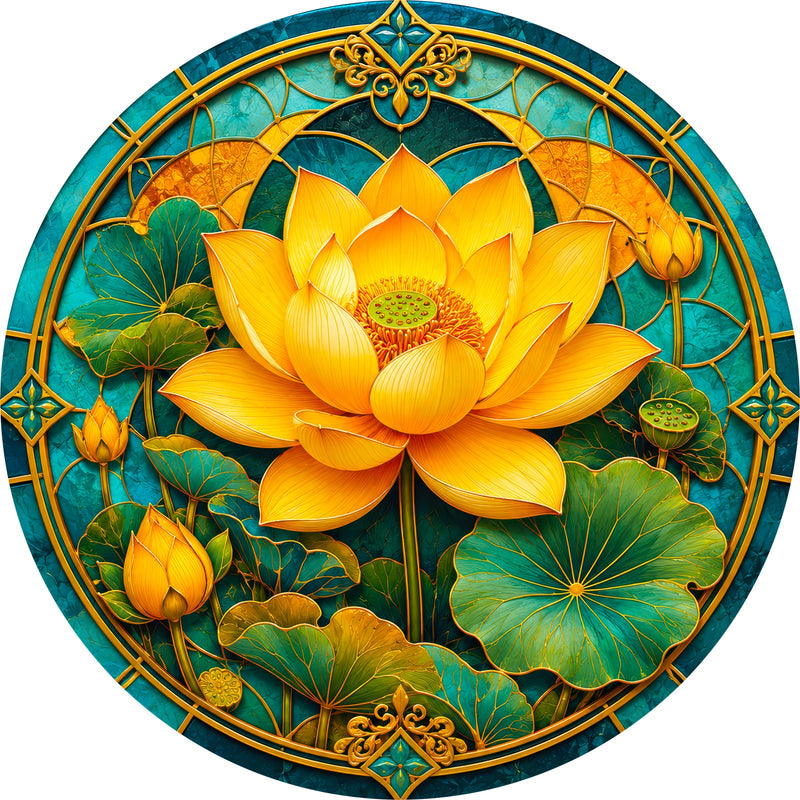 Golden Lotus Round Glass Wall Art