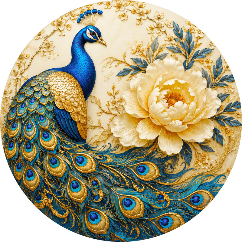 Regal Peacock Bloom Round Glass Wall Art