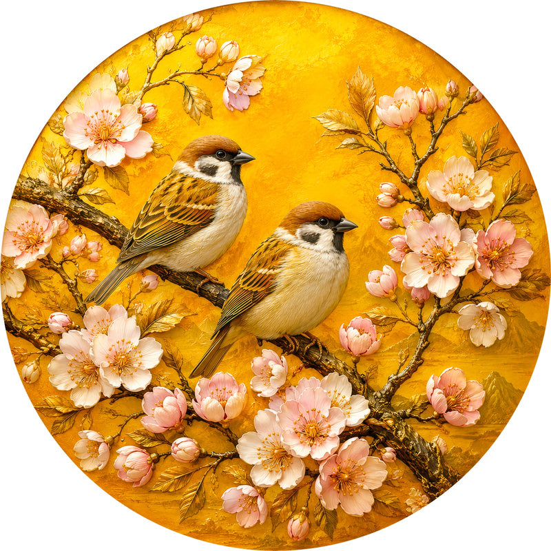 Sparrows In Blossom Round Glass Wall Art