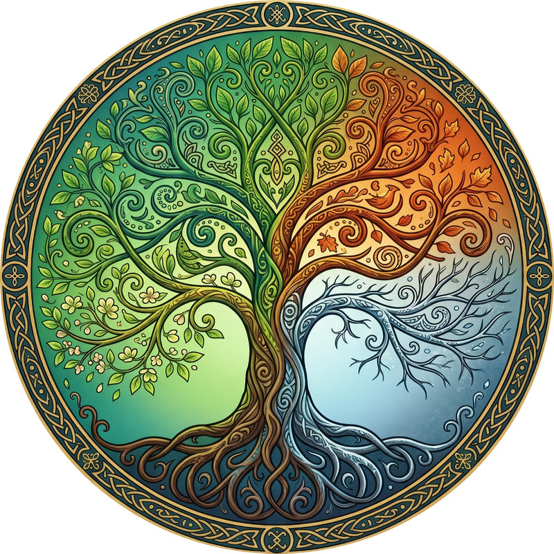 Four Seasons Celtic Tree Round Glass Wall Art