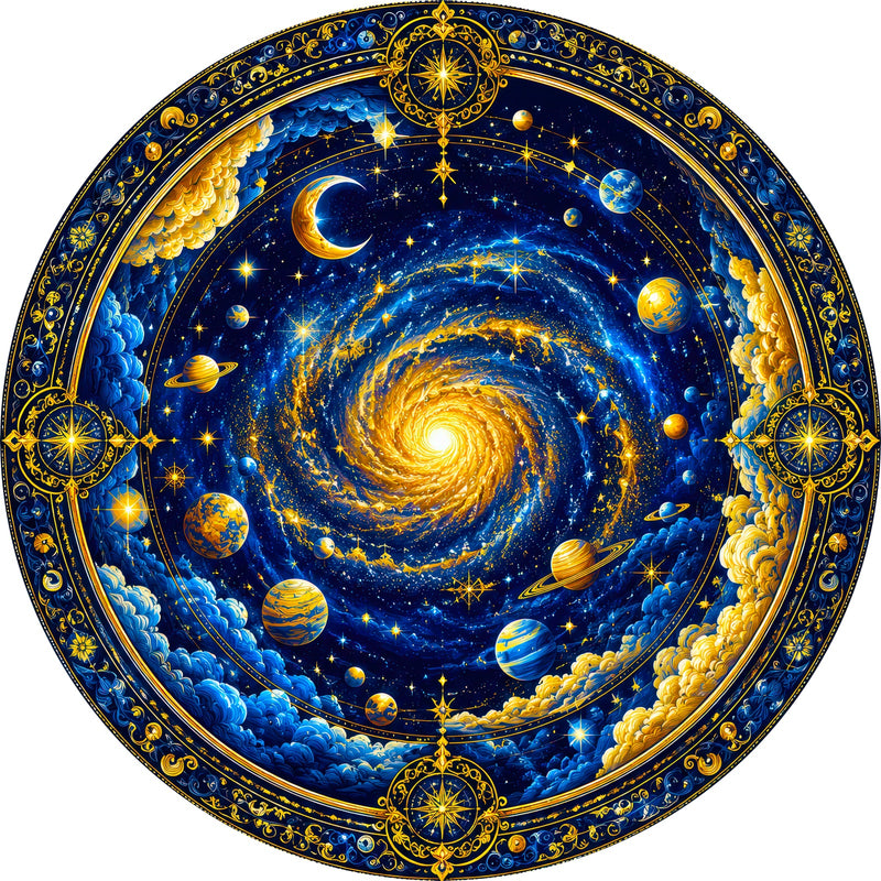 Celestial Golden Galaxy Round Glass Wall Art