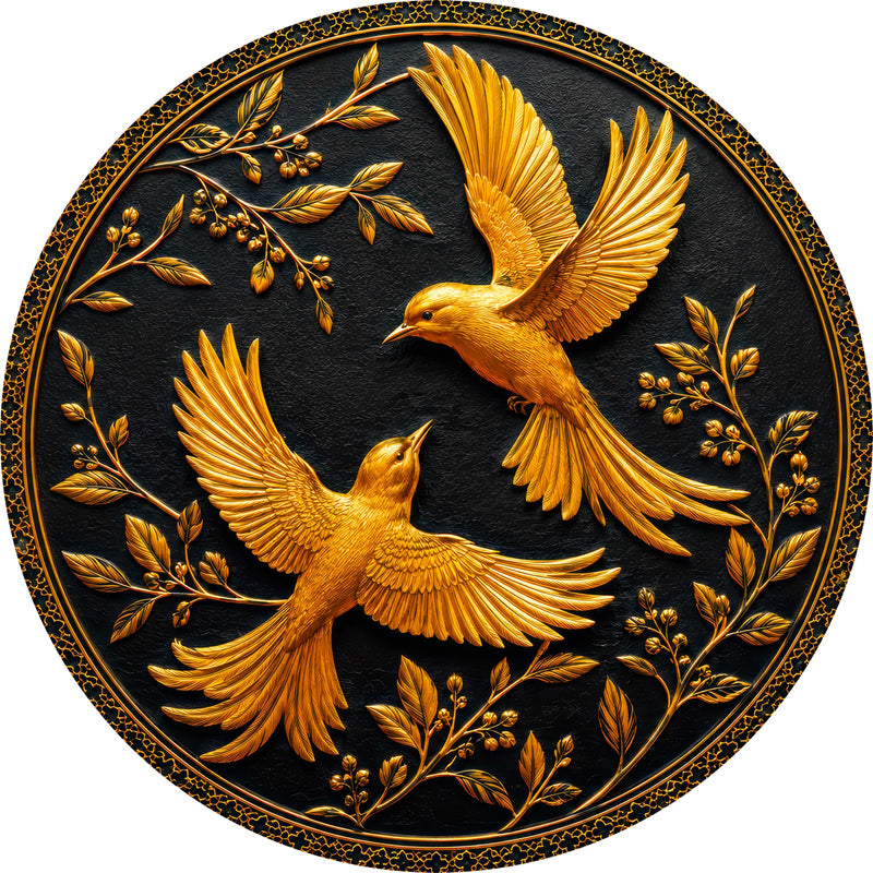 Twin Golden Swallows Round Glass Wall Art
