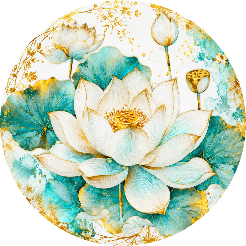 White Lotus Bloom Round Glass Wall Art