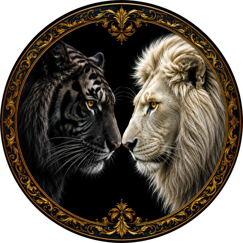 Lion And Tiger Portrait Round Glass Wall Art