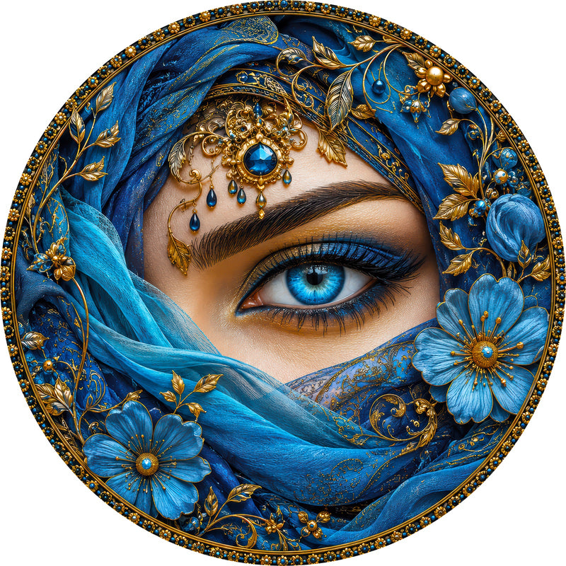 Veiled Sapphire Eye Round Glass Wall Art