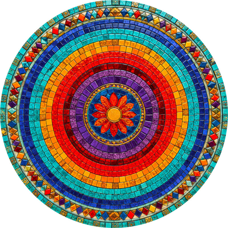 Rainbow Mosaic Bloom Round Glass Wall Art