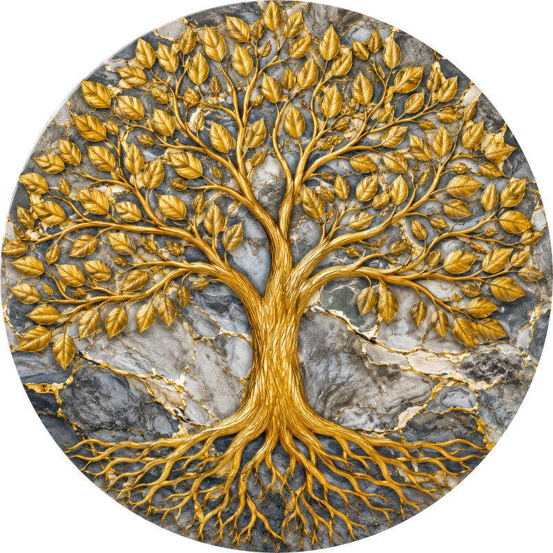 Golden Tree Of Life VII Round Glass Wall Art