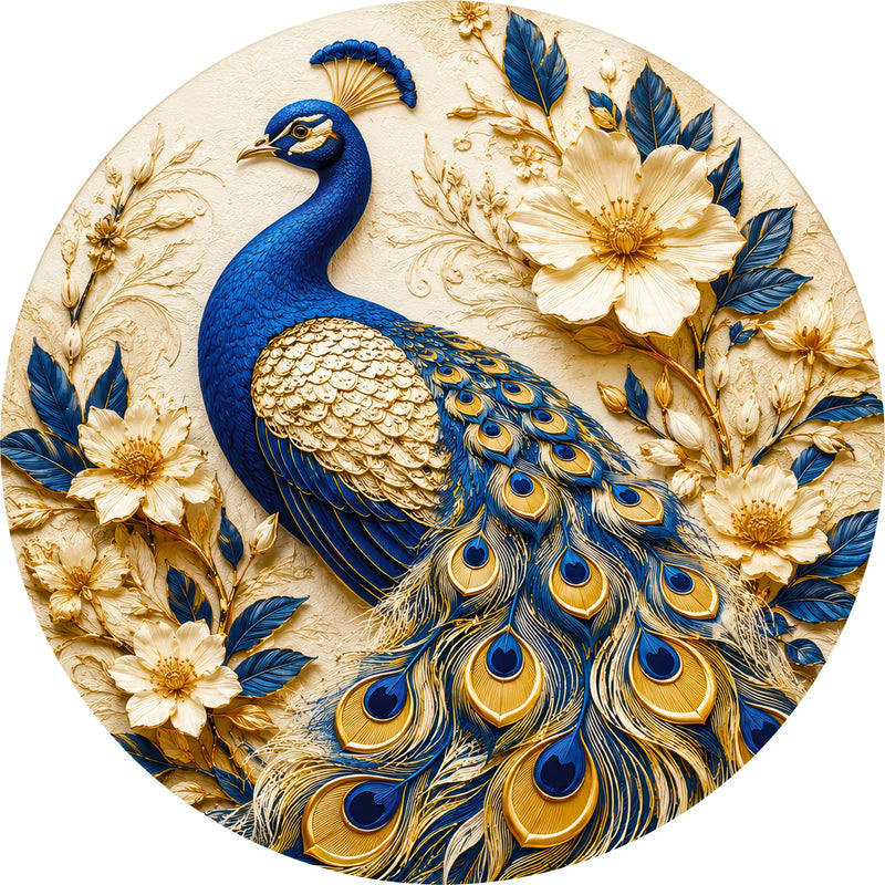 Ivory Peacock Garden Round Glass Wall Art