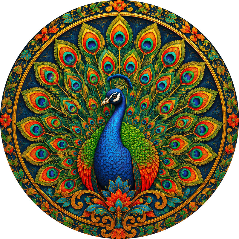 Emerald Peacock Fan Round Glass Wall Art