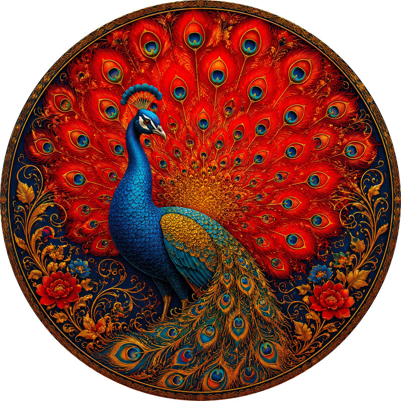 Crimson Peacock Fan Round Glass Wall Art